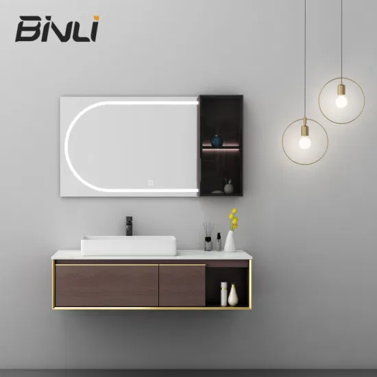 Mueble de tocador de baño de madera maciza de 48 pulgadas, fabricado en China, con encimera de piedra sinterizada, lavabo artístico, armario con espejo LED