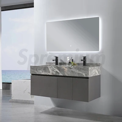 Color gris, nuevo diseño moderno, espejo de pared, tocador de baño, gabinete de MDF con lavabo con placa de roca y tapa de mármol personalizado